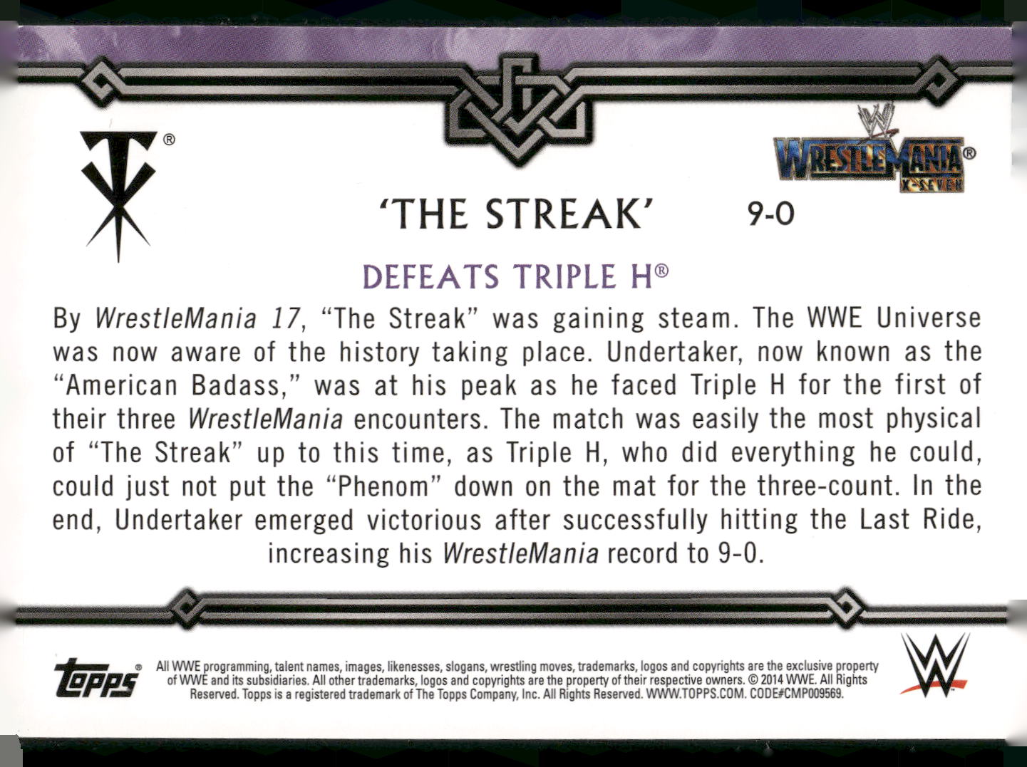 2014 Topps WWE Road to Wrestlemania #9-0 Undertaker Defeats Triple The Streak