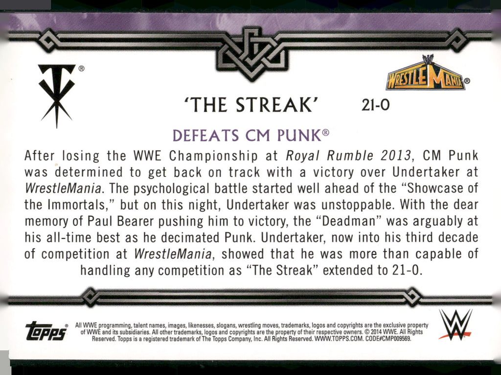 2014 Topps WWE Road to Wrestlemania #21-0 Undertaker Defeats CM Punk The Streak