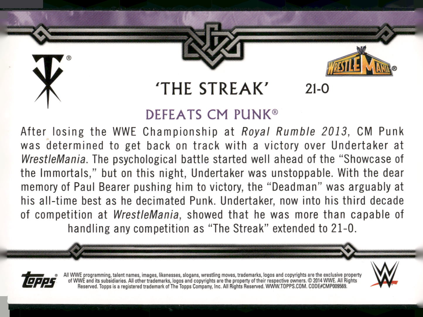 2014 Topps WWE Road to Wrestlemania #21-0 Undertaker Defeats CM Punk The Streak