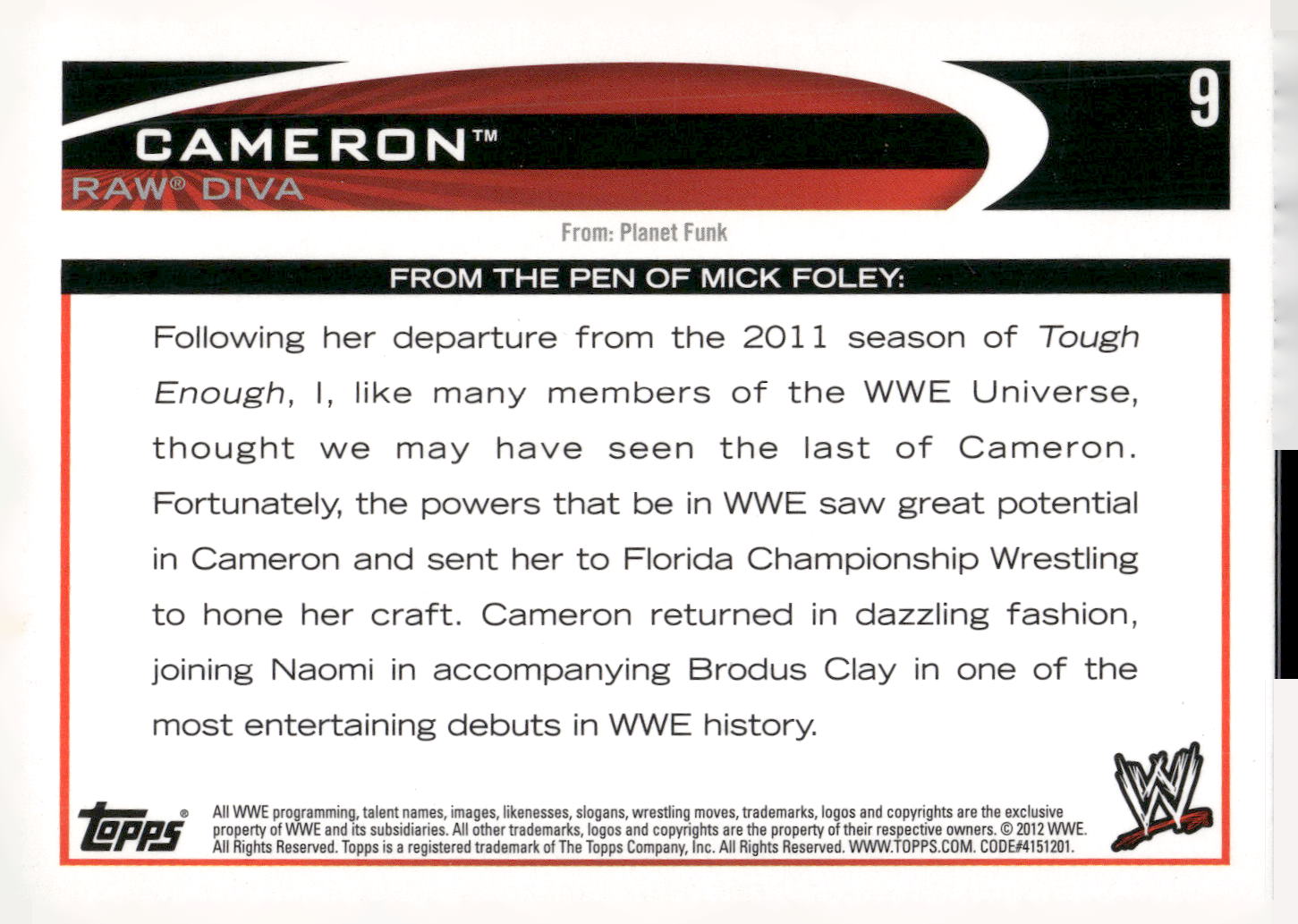2012 Topps WWE #9 Cameron