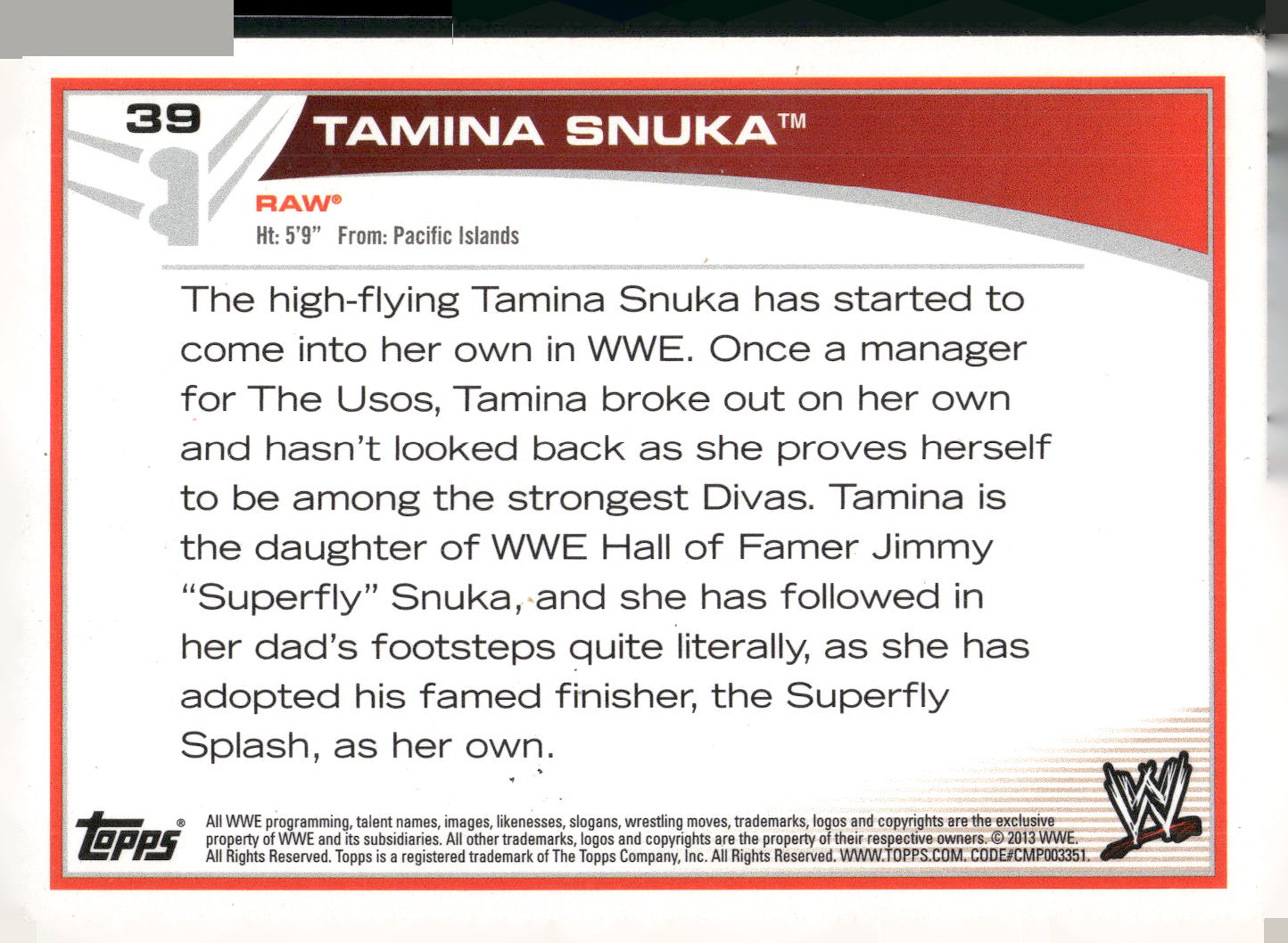 2013 Topps WWE #39 Tamina Snuka