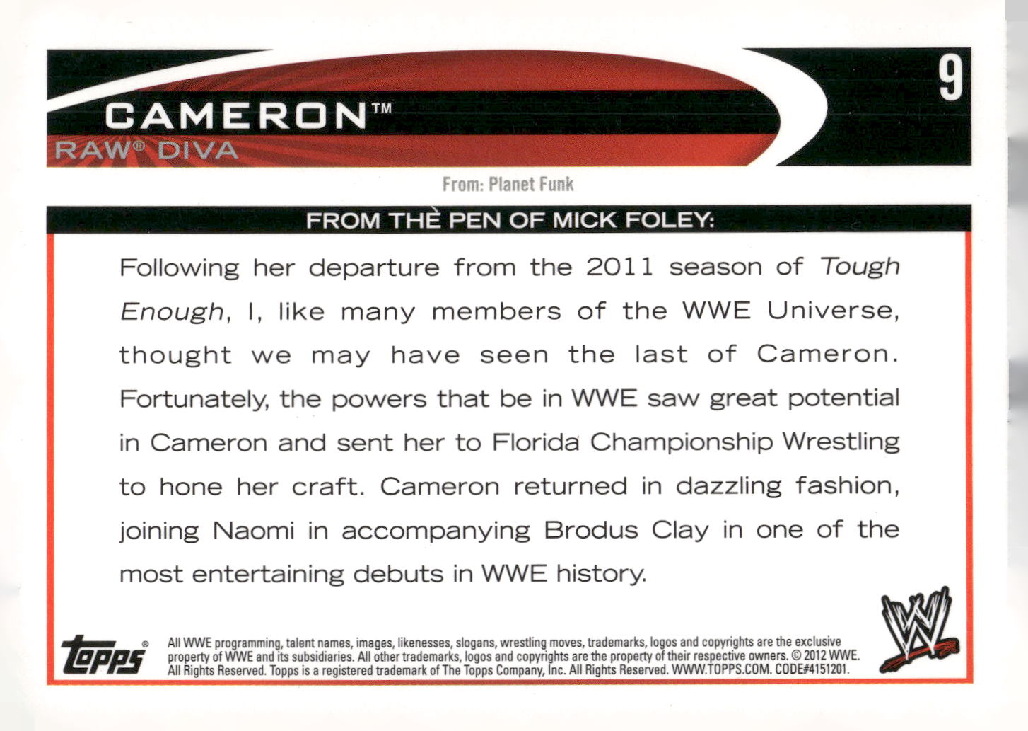 2012 Topps WWE #9 Cameron