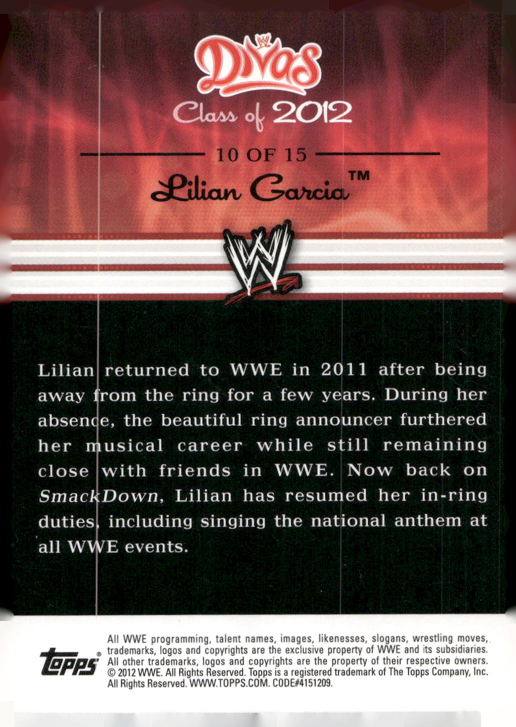 2012 Topps WWE #10 Lilian Garcia Divas Class of 2012