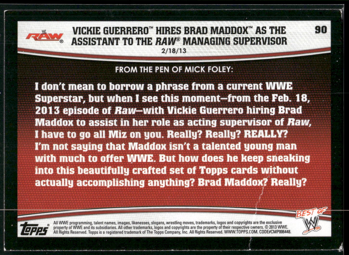 2013 Topps Best of WWE #90 Vickie Guerrero Hires Brad Maddox