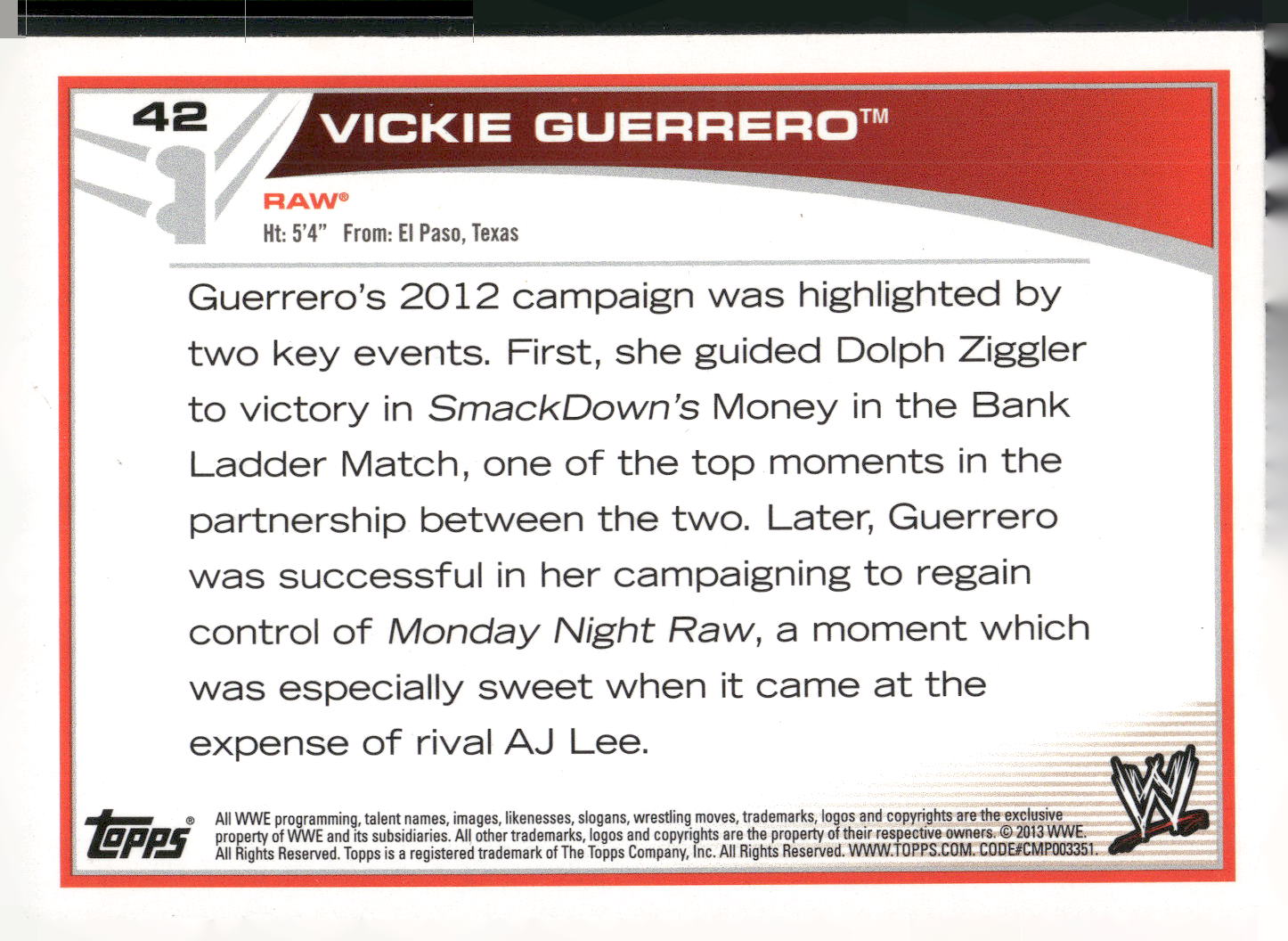2013 Topps WWE #42 Vickie Guerrero