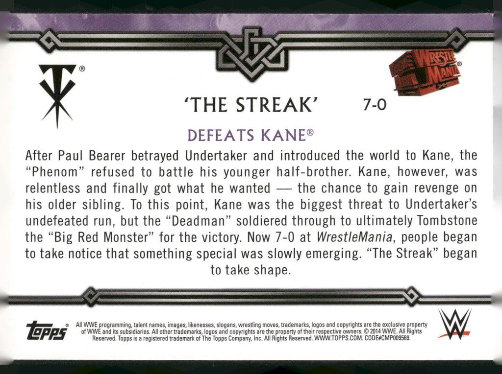 2014 Topps WWE Road to Wrestlemania #7-0 Undertaker Defeats Kane The Streak