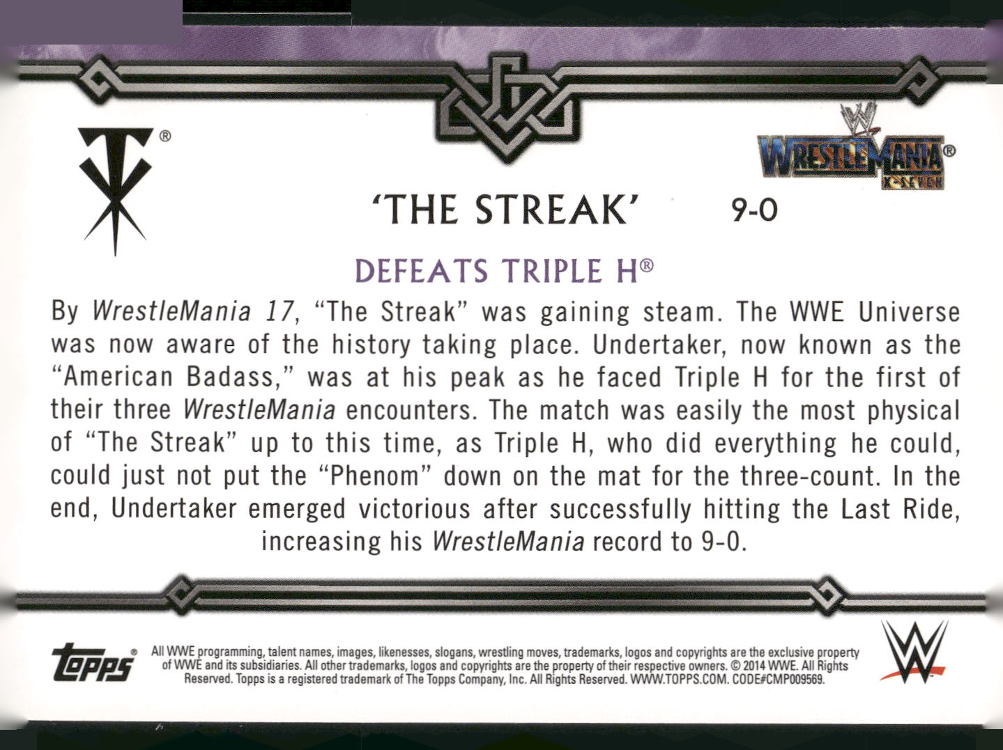 2014 Topps WWE Road to Wrestlemania #9-0 Undertaker Defeats Triple The Streak