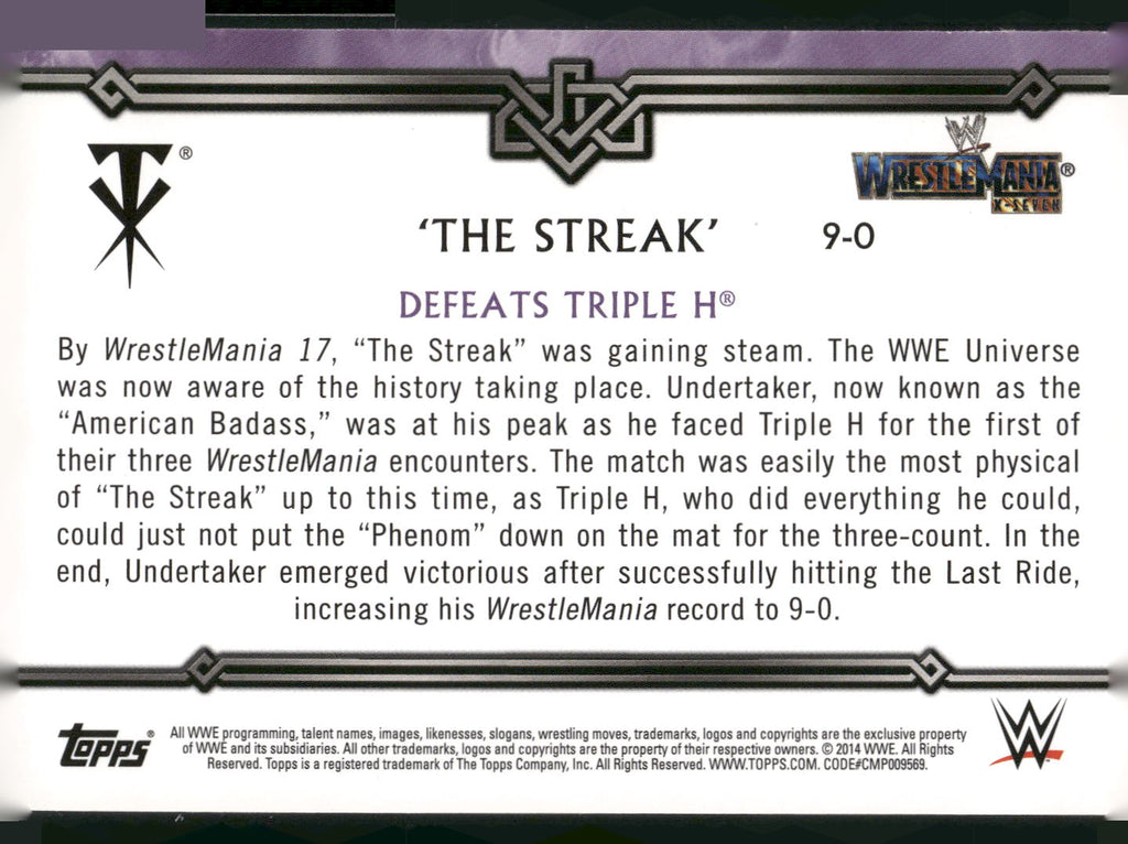 2014 Topps WWE Road to Wrestlemania #9-0 Undertaker Defeats Triple The Streak