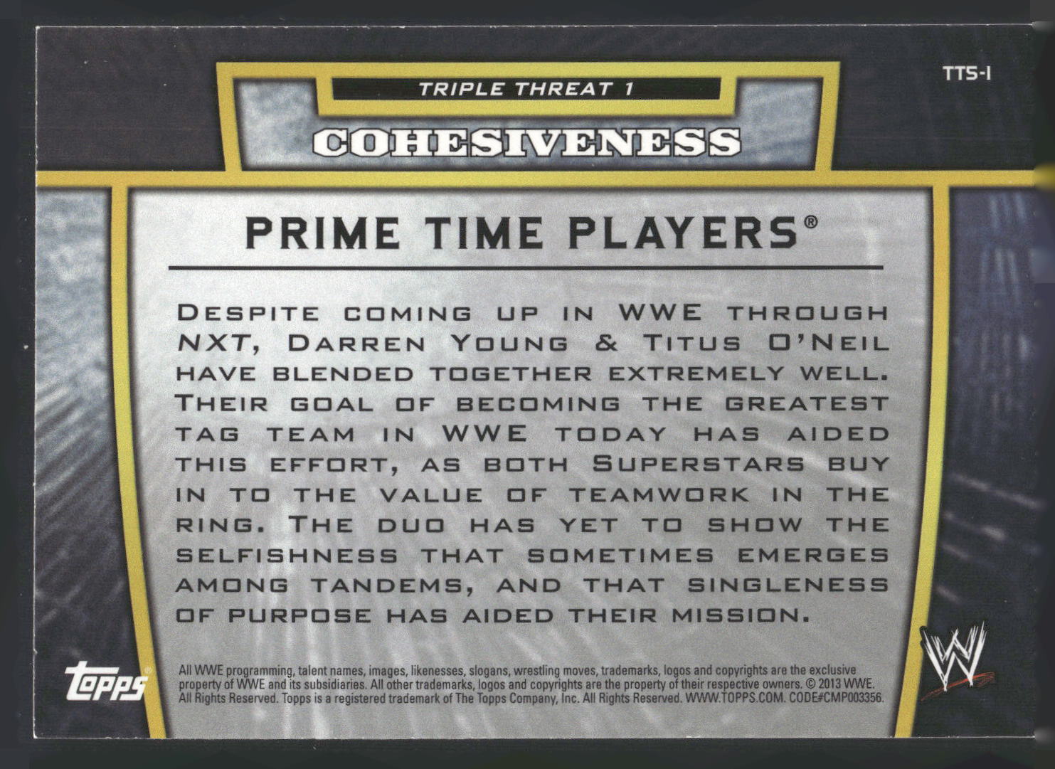 2013 Topps WWE #TT5-1 Prime Time Players Triple Threat Tier 1