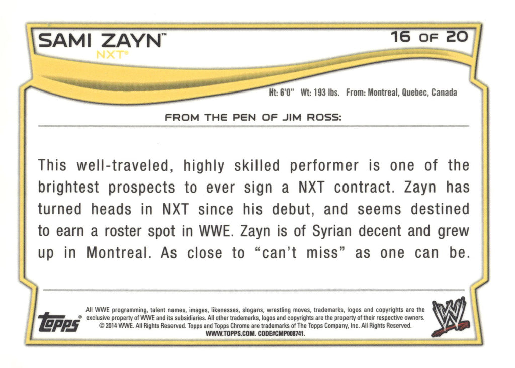 2014 Topps Chrome WWE #16 Sami Zayn NXT Prospects