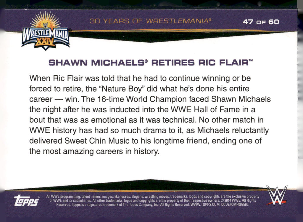 2014 Topps WWE Road to Wrestlemania #47 Shawn Michaels Retires Ric Flair