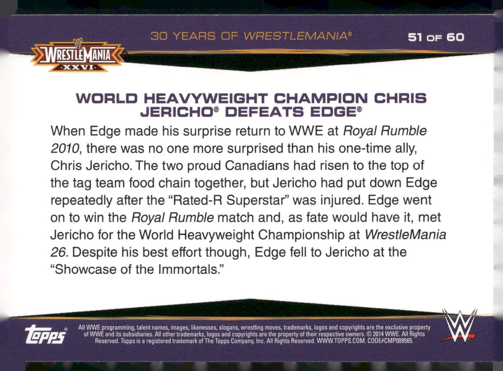 2014 Topps WWE #51 World Heavyweight Champion Chris Jericho Defeats Edge