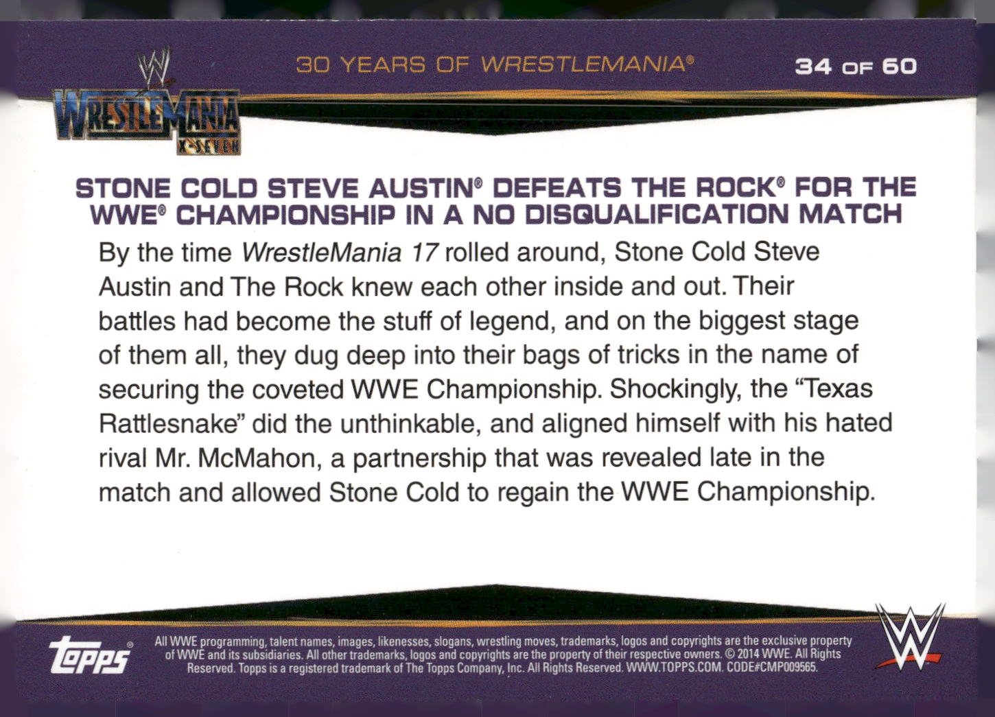 2014 Topps WWE Road to Wrestlemania #34 Stone Cold Steve Austin Defeats The Rock