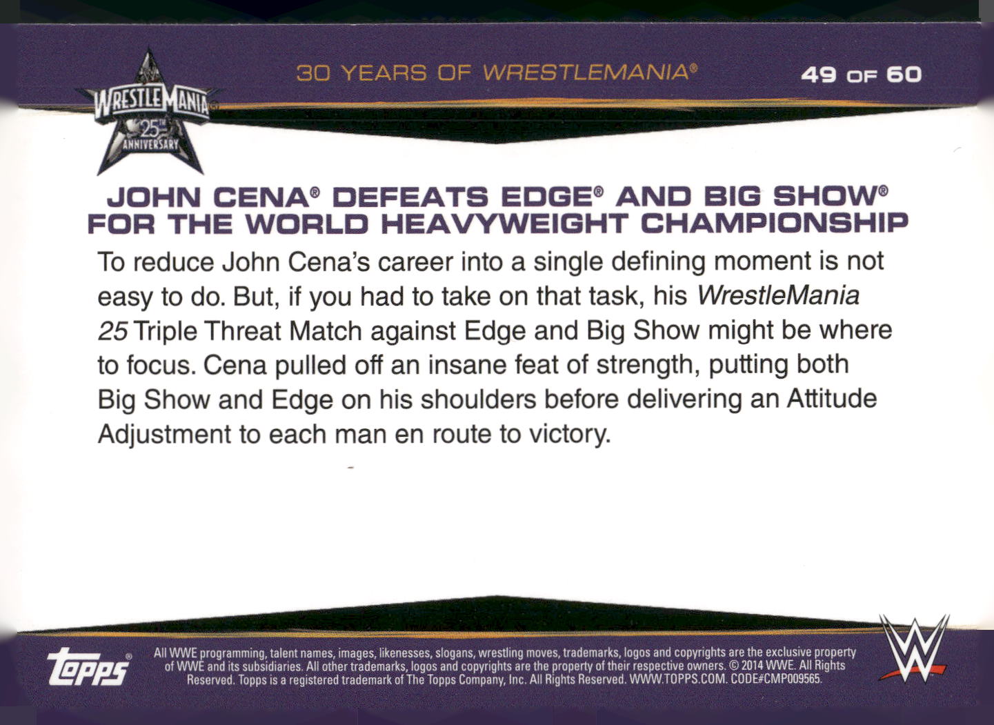 2014 Topps WWE Road to Wrestlemania #49 John Cena Defeats Edge and Big Show