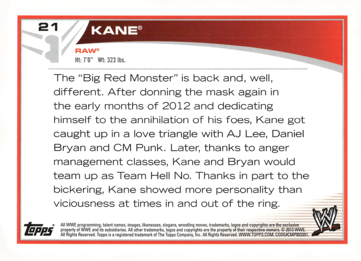 2013 Topps WWE #21 Kane