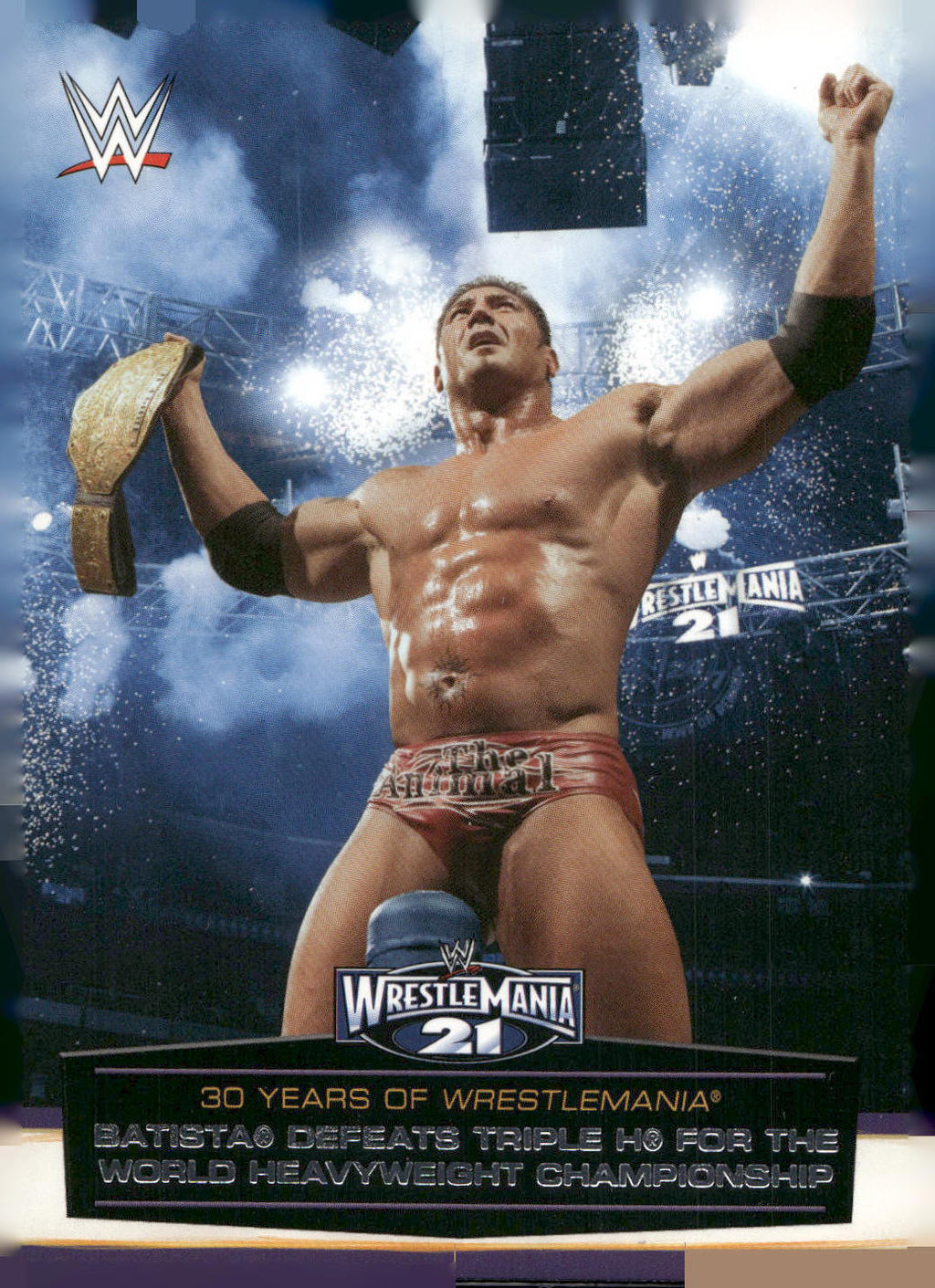 2014 Topps WWE Road to Wrestlemania #42 Batista Defeats Triple H