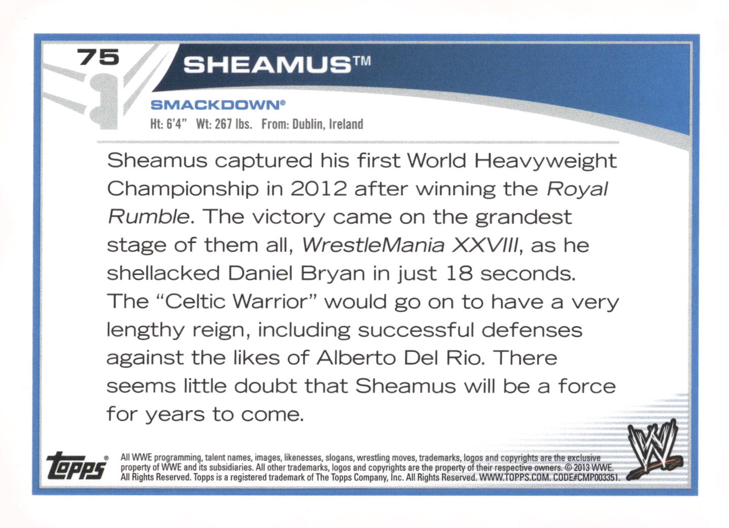 2013 Topps WWE #75 Sheamus