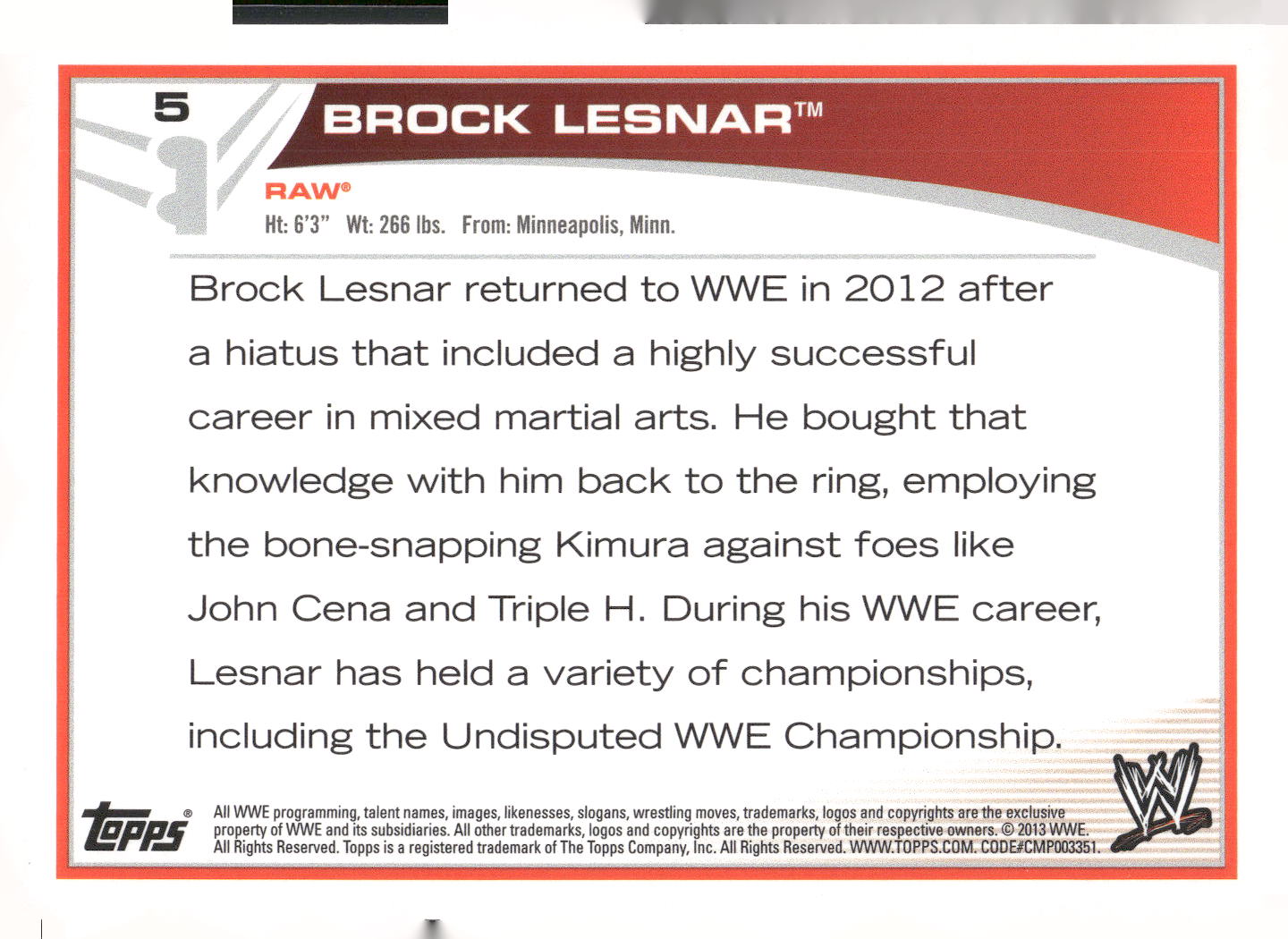 2013 Topps WWE #5 Brock Lesnar