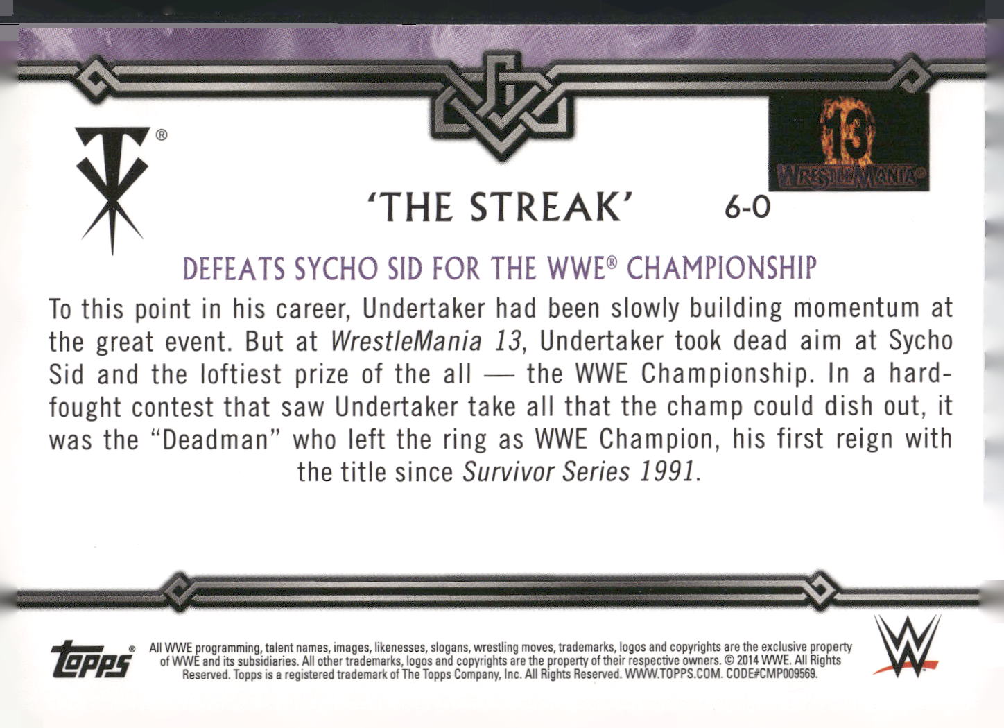 2014 Topps WWE Road to Wrestlemania Undertaker Defeats Sycho Sid for the WWE