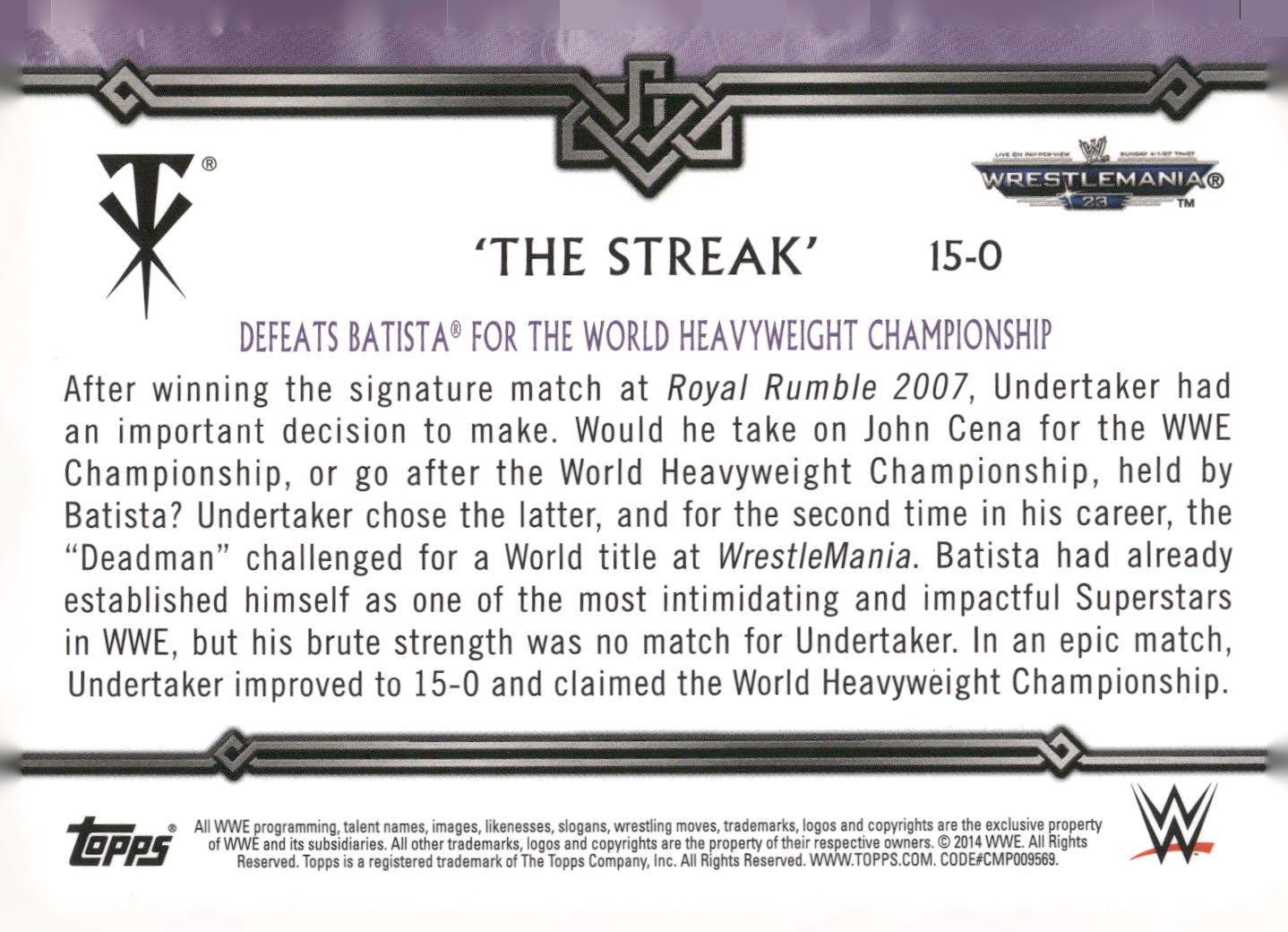 2014 Topps WWE Road to Wrestlemania Undertaker Defeats Batista