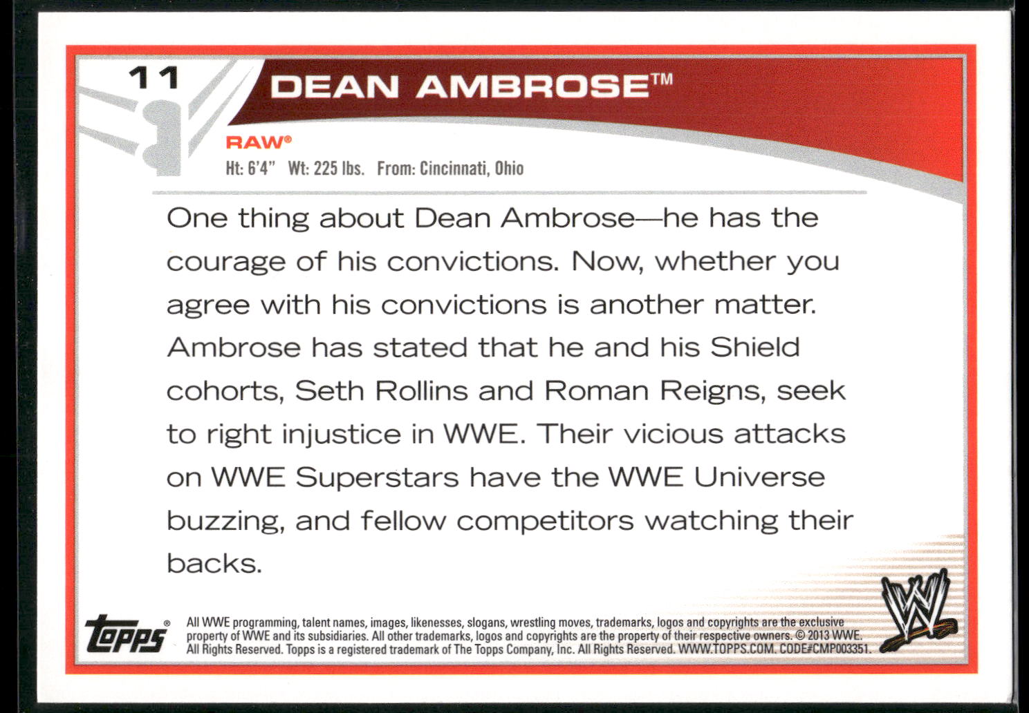 2013 Topps WWE #11 Dean Ambrose