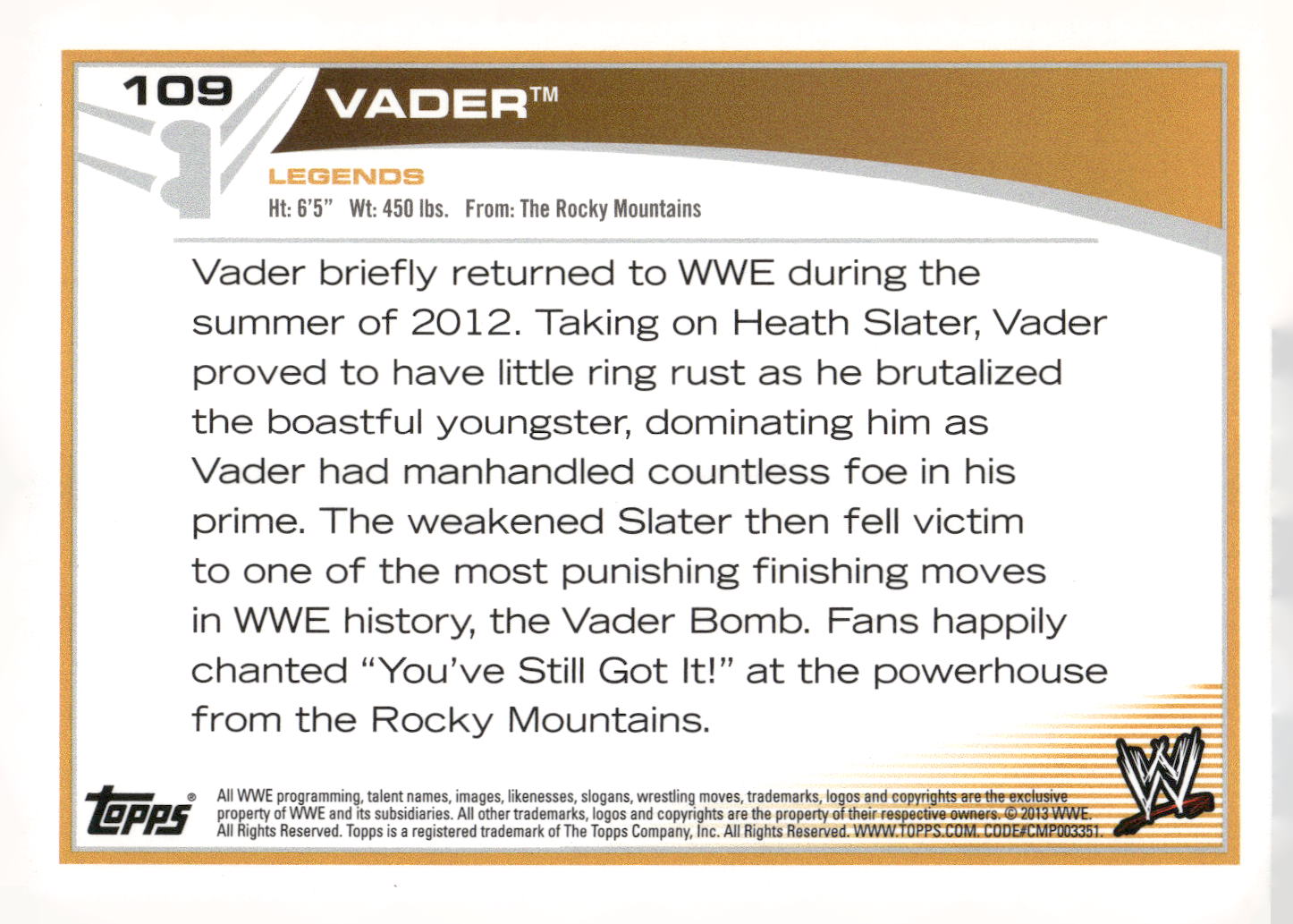 2013 Topps WWE #109 Vader