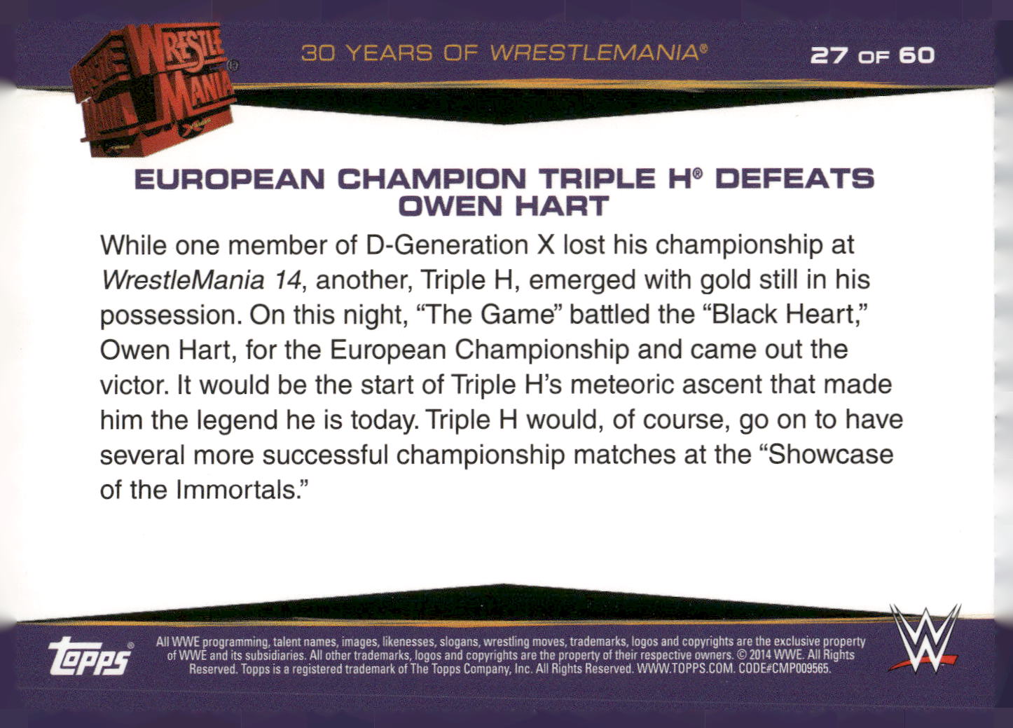 2014 Topps WWE Road to #27 European Champion Triple H Defeats Owen Hart
