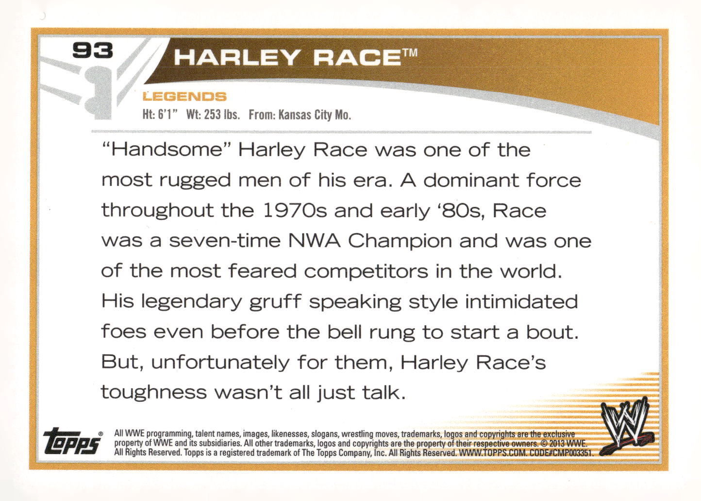 2013 Topps WWE #93 Harley Race