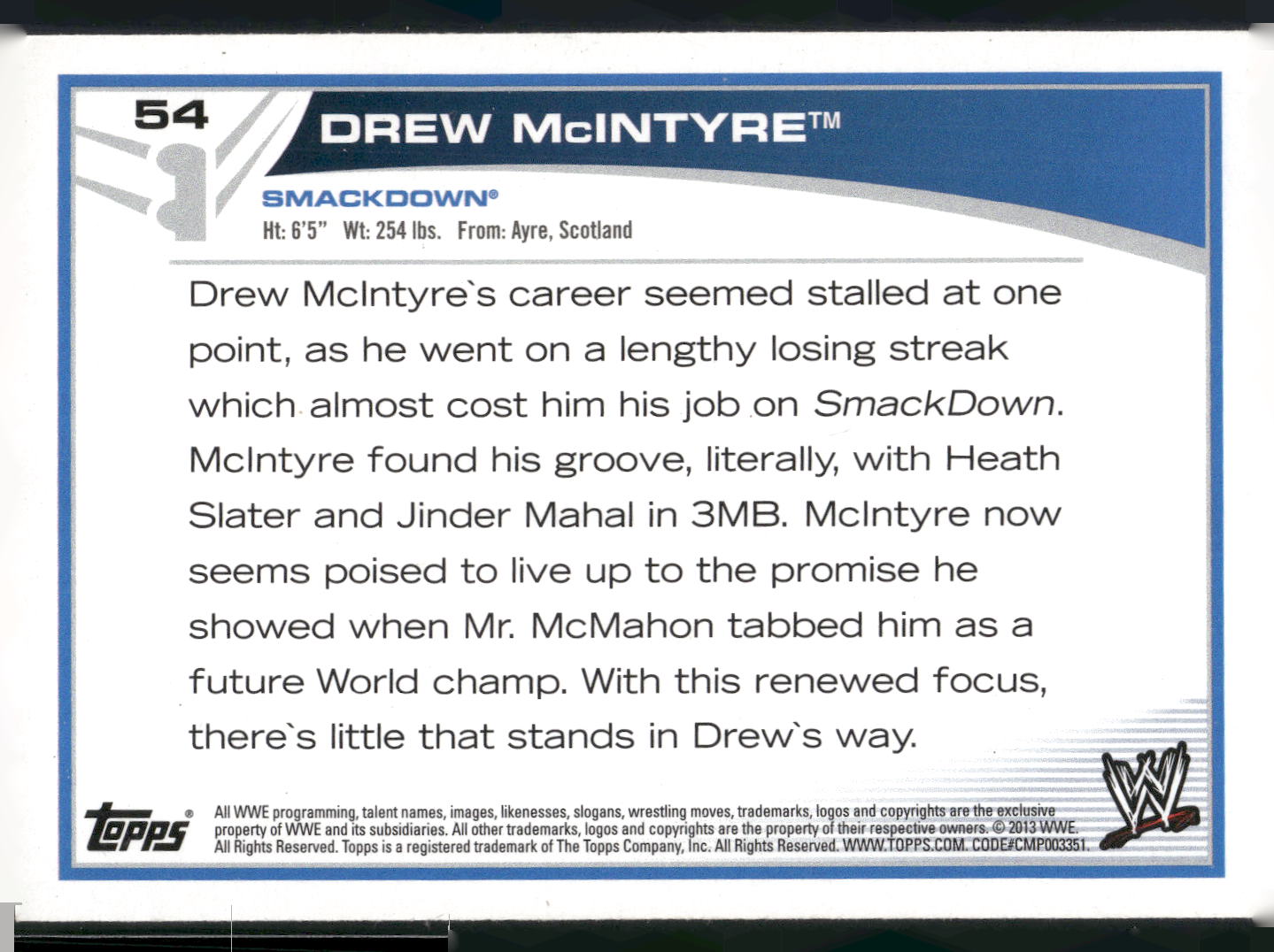 2013 Topps WWE #54 Drew McIntyre