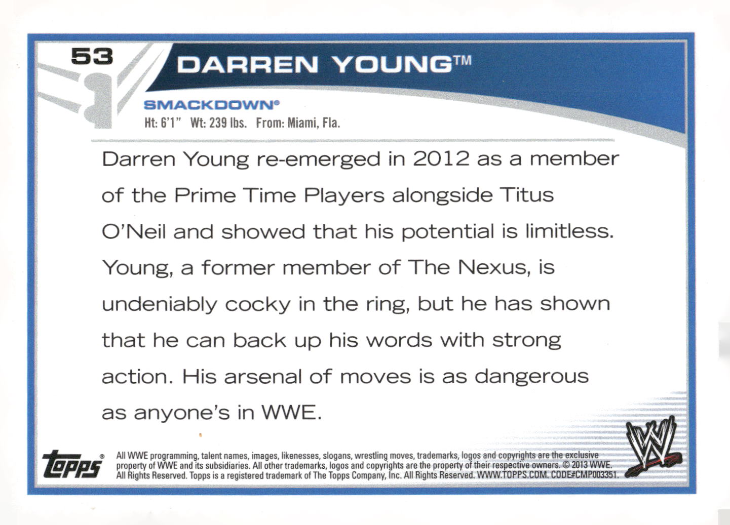 2013 Topps WWE #53 Darren Young