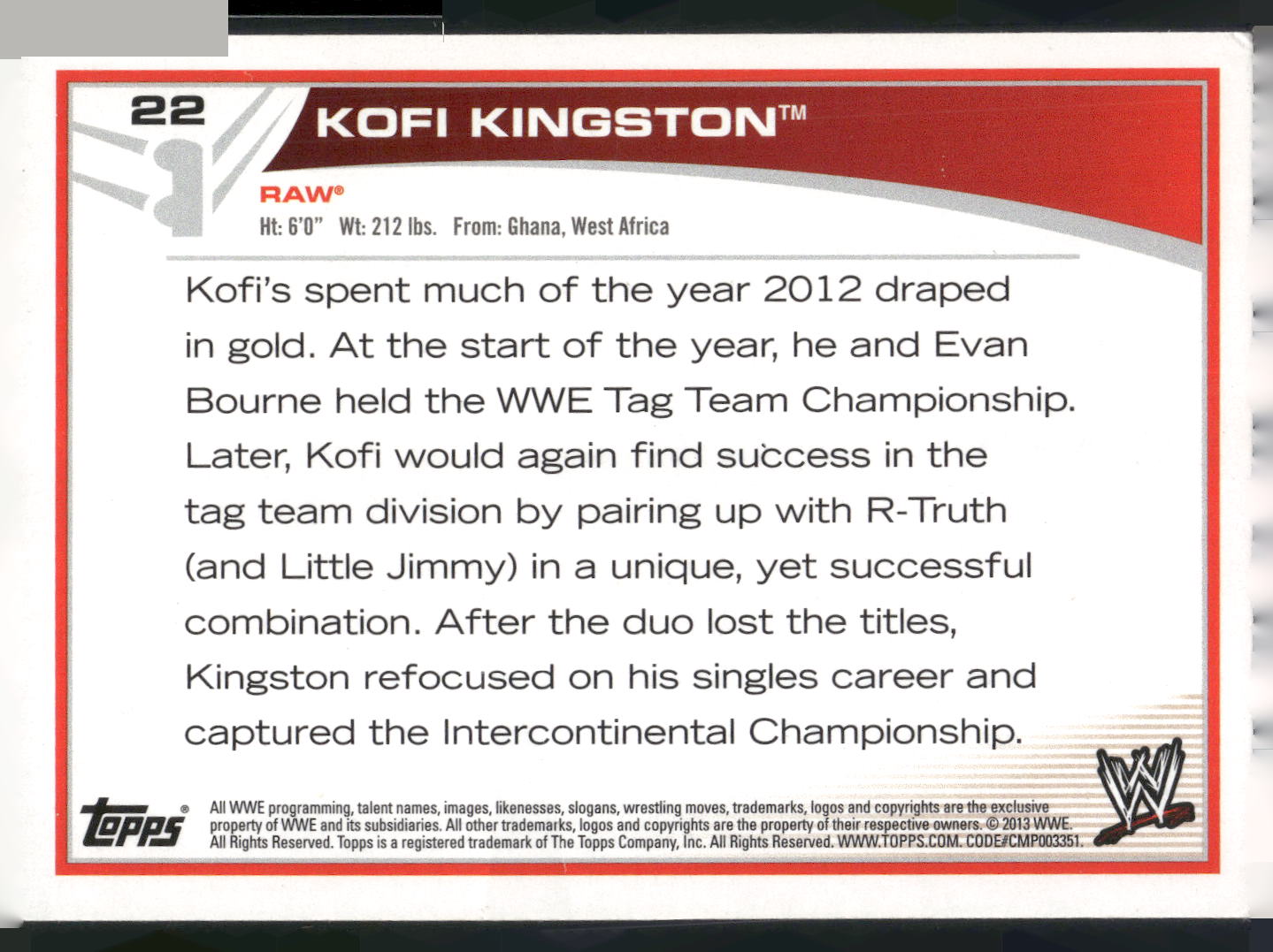2013 Topps WWE #22 Kofi Kingston