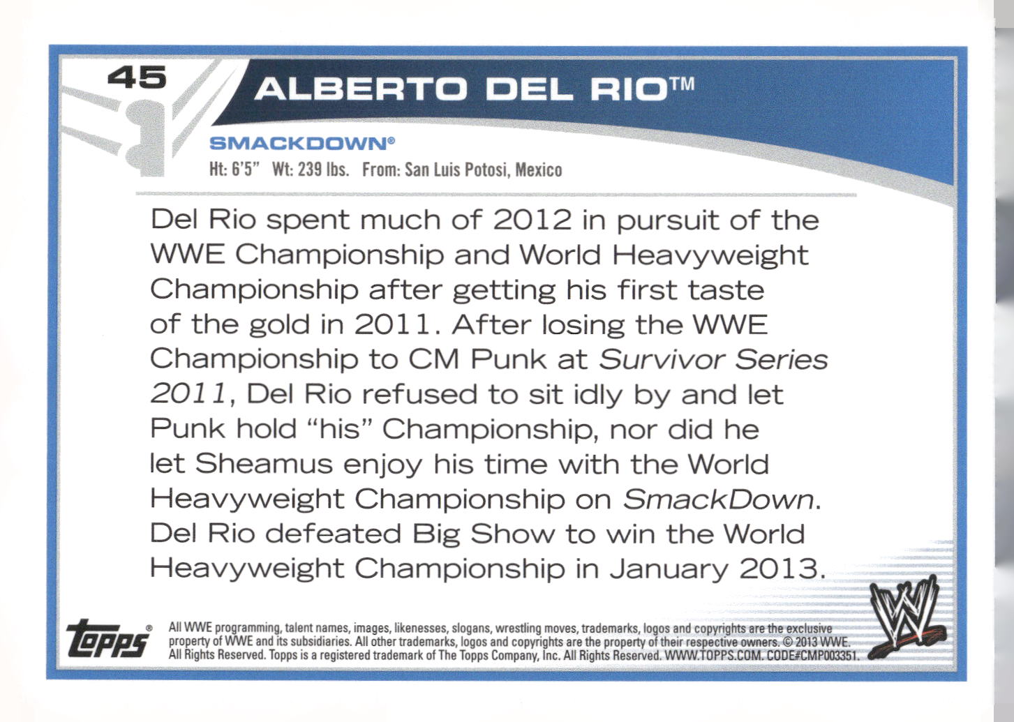 2013 Topps WWE #45 Alberto Del Rio