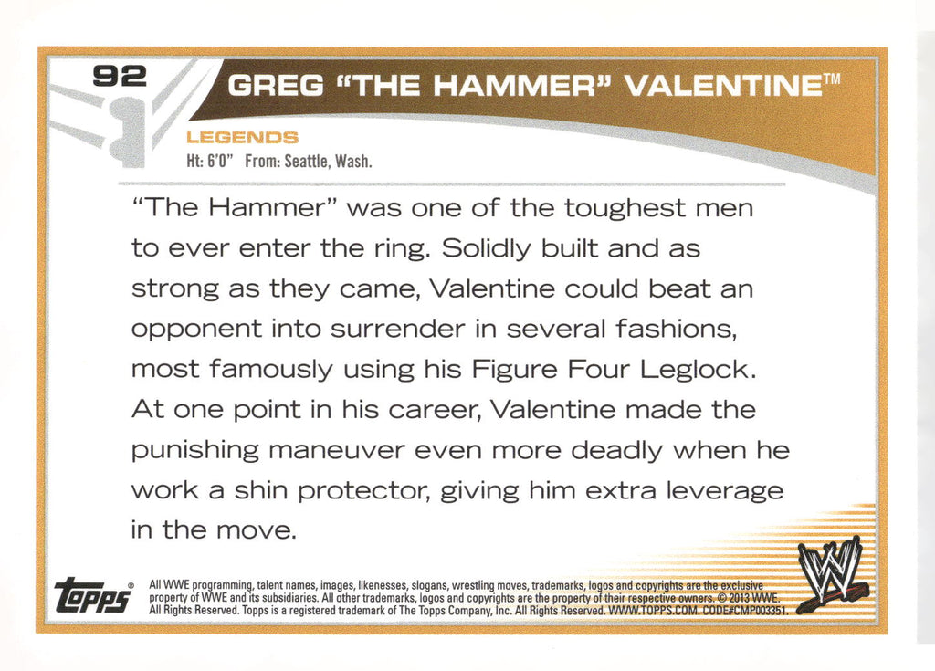 2013 Topps WWE #92 Greg "The Hammer" Valentine