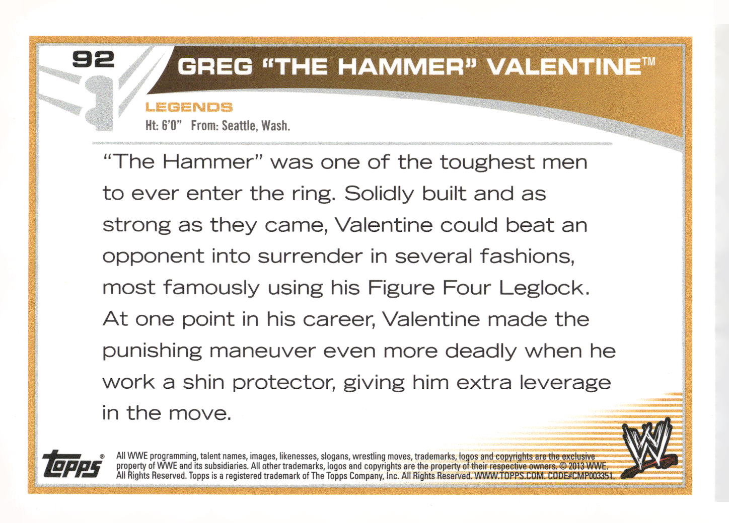 2013 Topps WWE #92 Greg "The Hammer" Valentine
