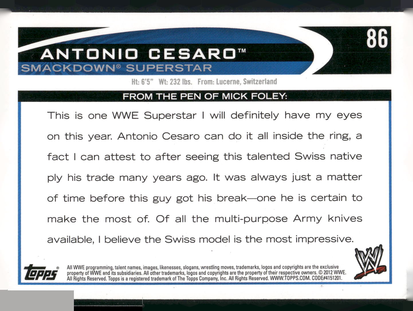 2012 Topps WWE #86 Antonio Cesaro