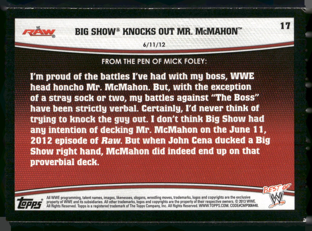 2013 Topps Best of WWE #17 Big Show Knocks Out Mr. McMahon