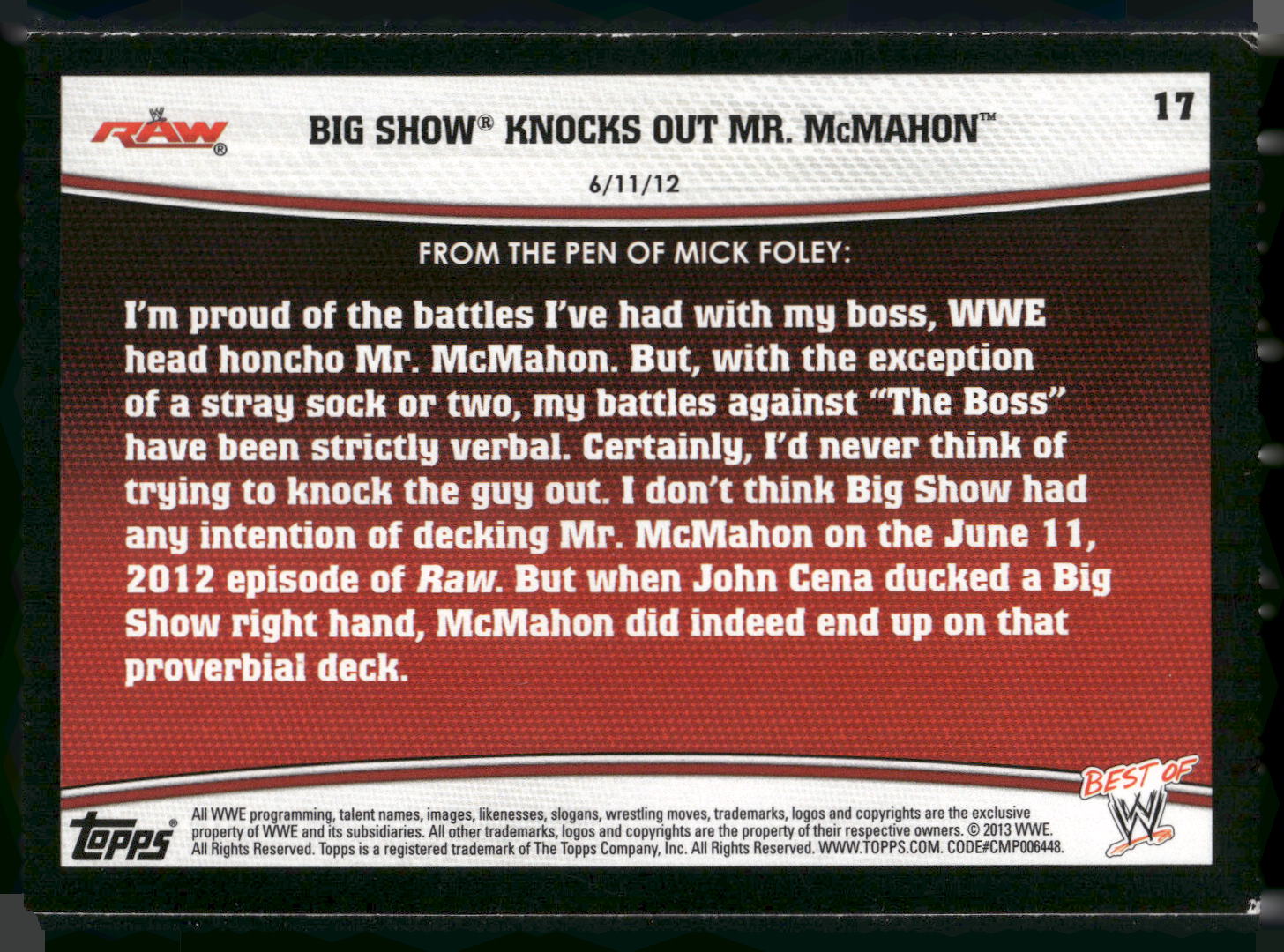 2013 Topps Best of WWE #17 Big Show Knocks Out Mr. McMahon