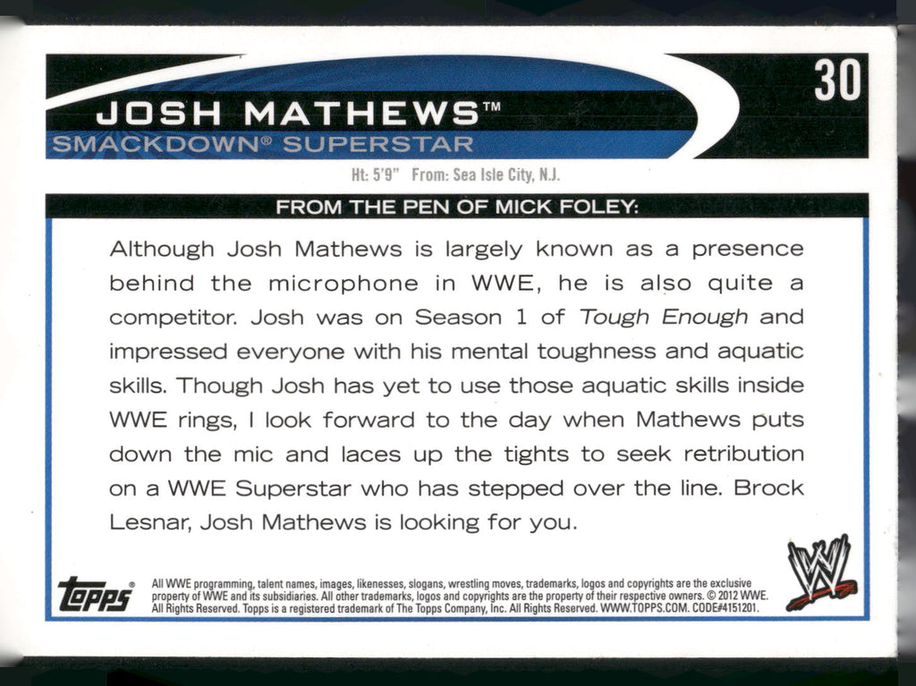 2012 Topps WWE #30 Josh Mathews