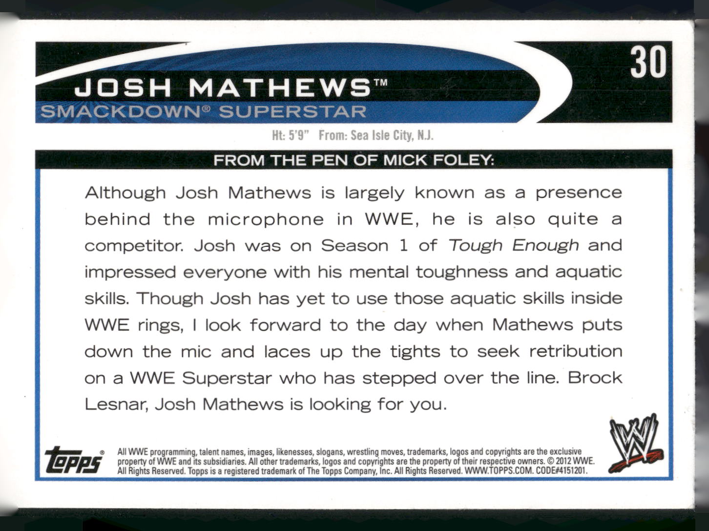 2012 Topps WWE #30 Josh Mathews
