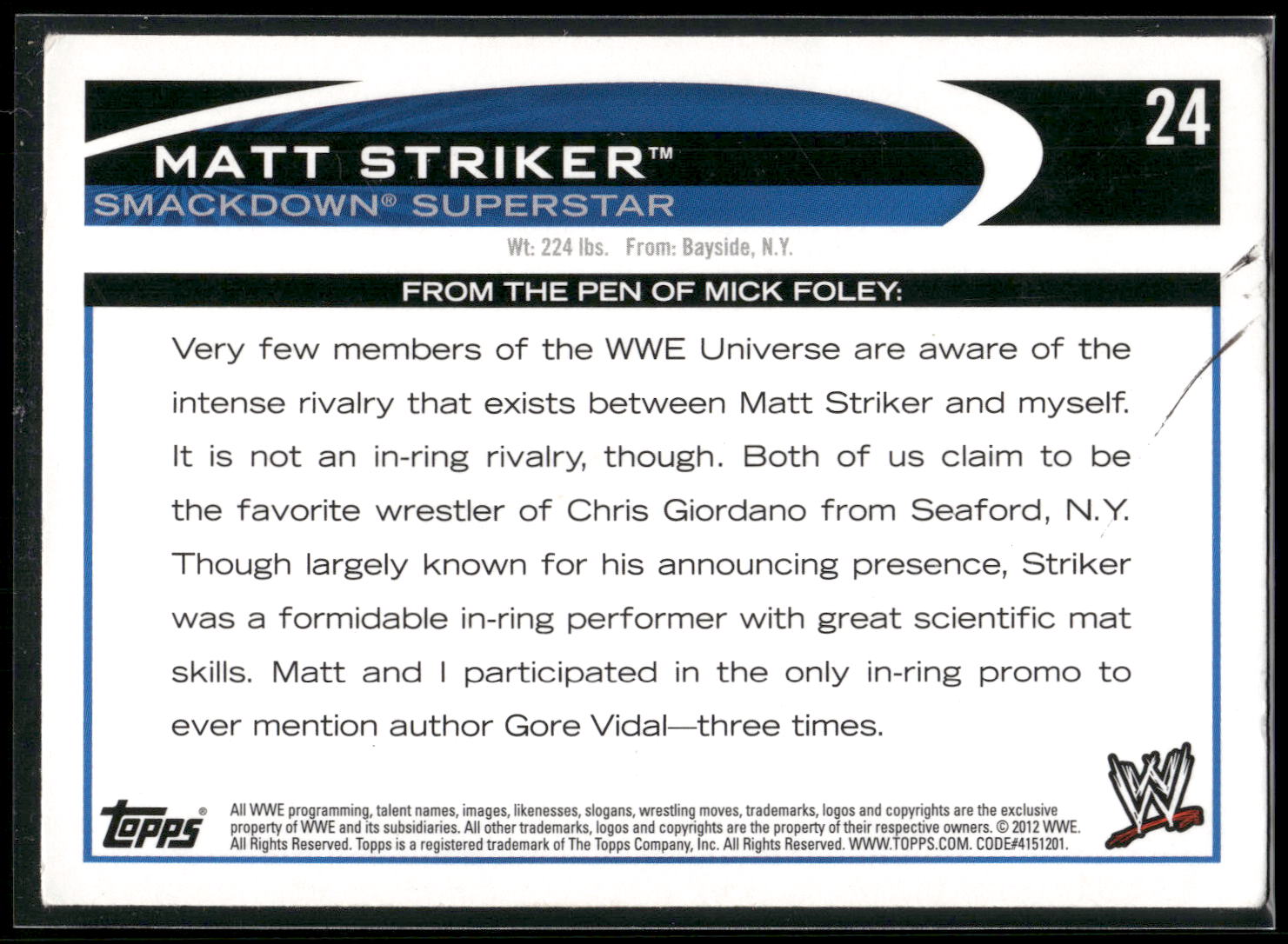 2012 Topps WWE #24 Matt Striker