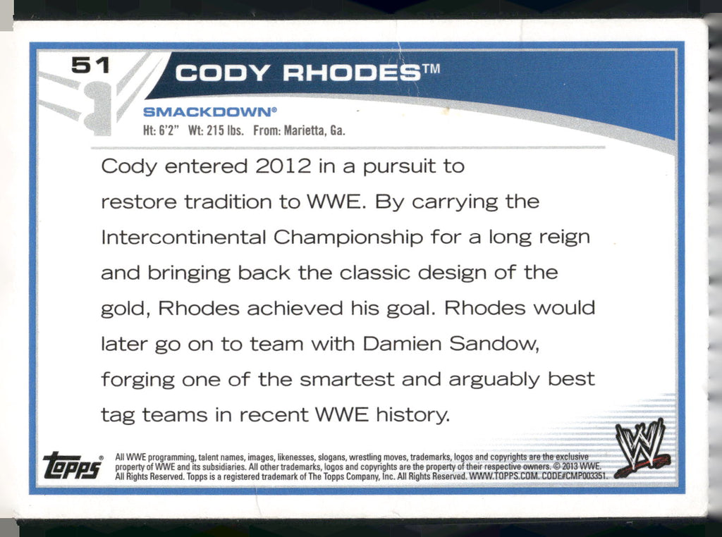 2013 Topps WWE #51 Cody Rhodes