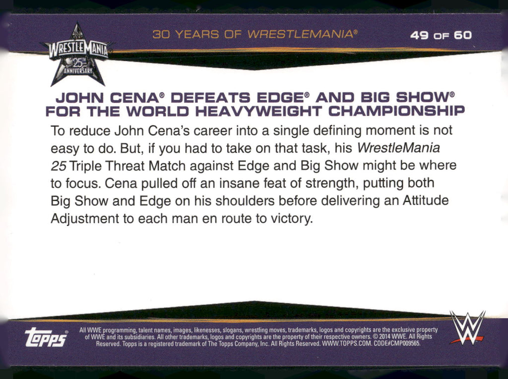 2014 Topps WWE Road to Wrestlemania #49 John Cena Defeats Edge and Big Show