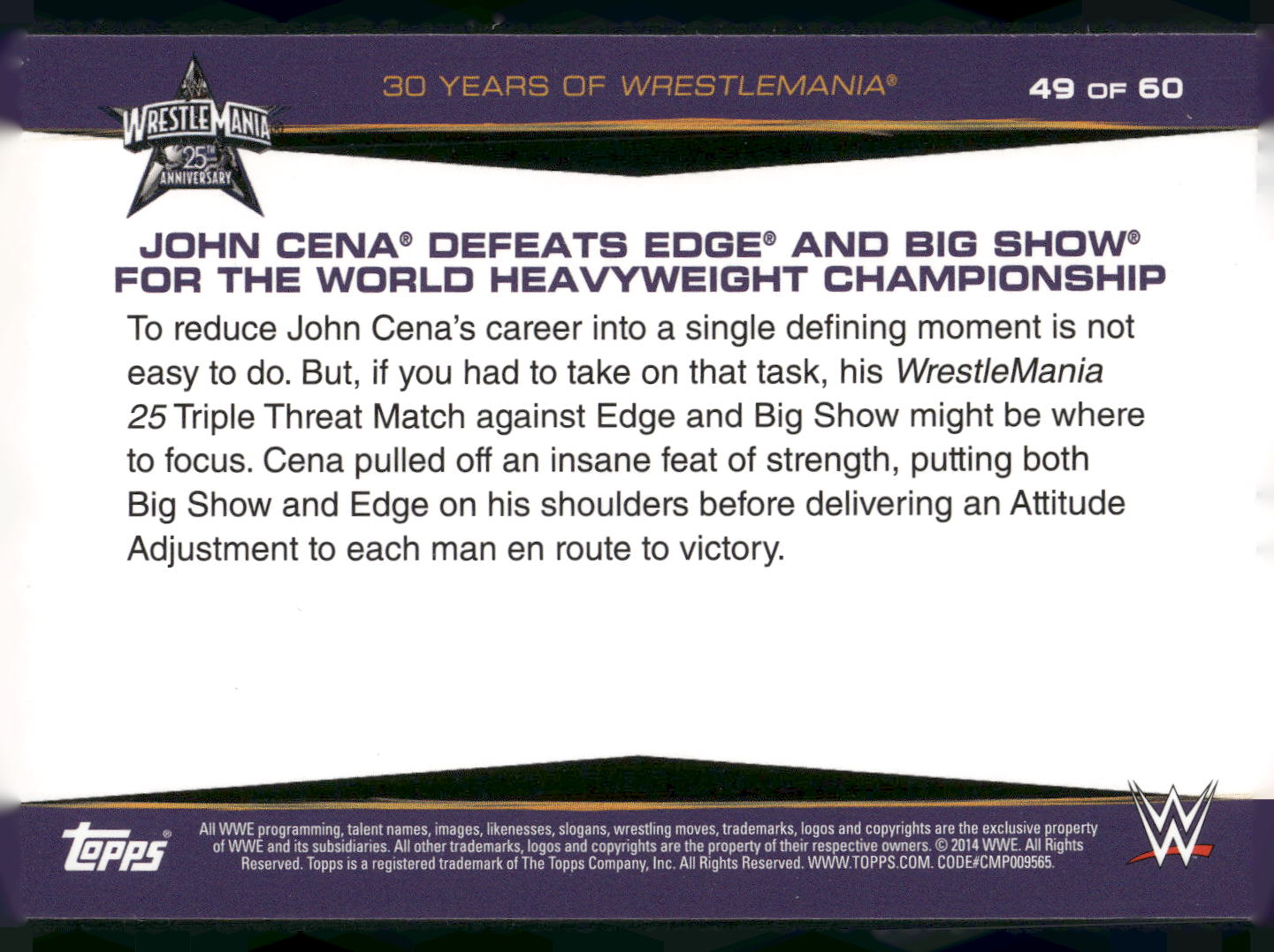 2014 Topps WWE Road to Wrestlemania #49 John Cena Defeats Edge and Big Show