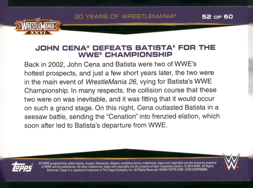 2014 Topps WWE Road to Wrestlemania #52 John Cena Defeats Batista
