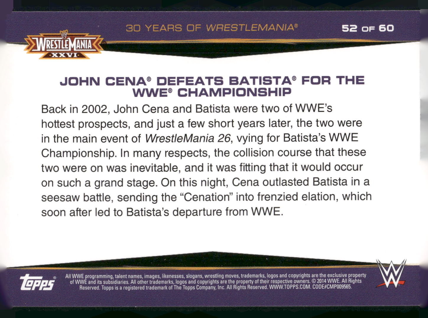 2014 Topps WWE Road to Wrestlemania #52 John Cena Defeats Batista