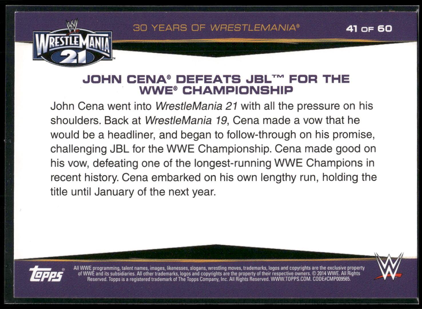 2014 Topps WWE Road to Wrestlemania #41 John Cena Defeats JBL