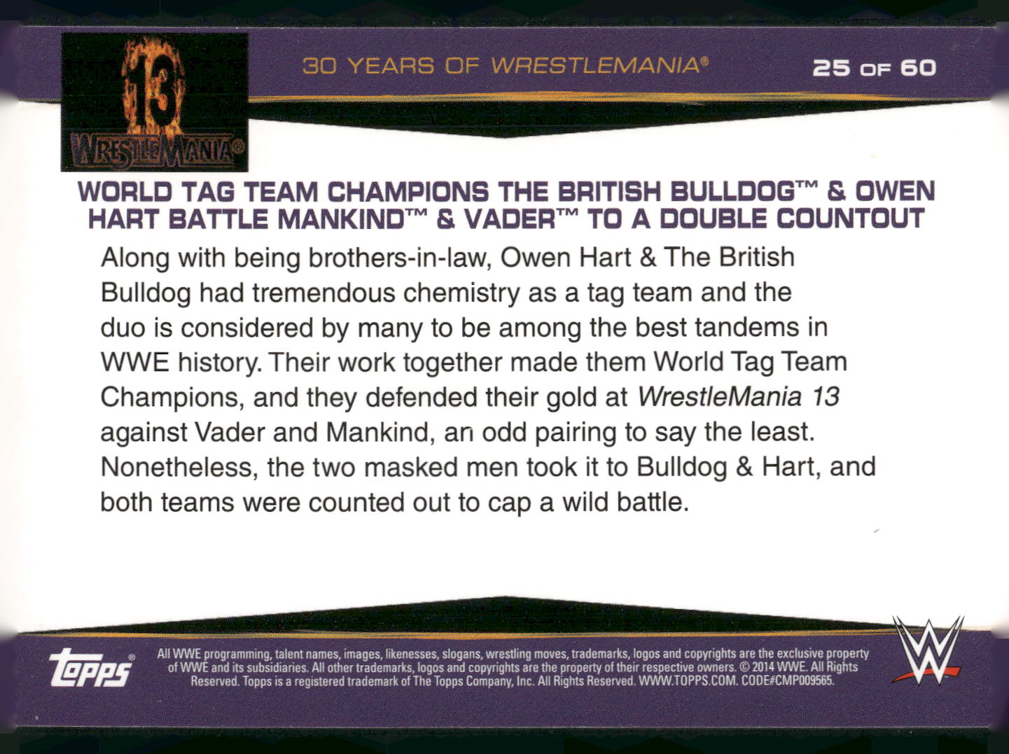 2014 Topps WWE #25 World Tag Team Champions The British Bulldog Owen Hart