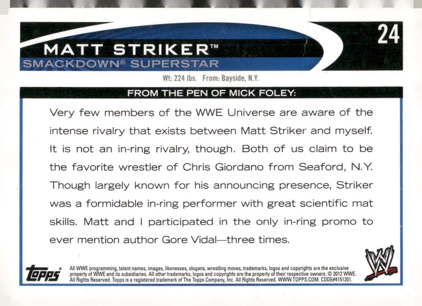 2012 Topps WWE #24 Matt Striker