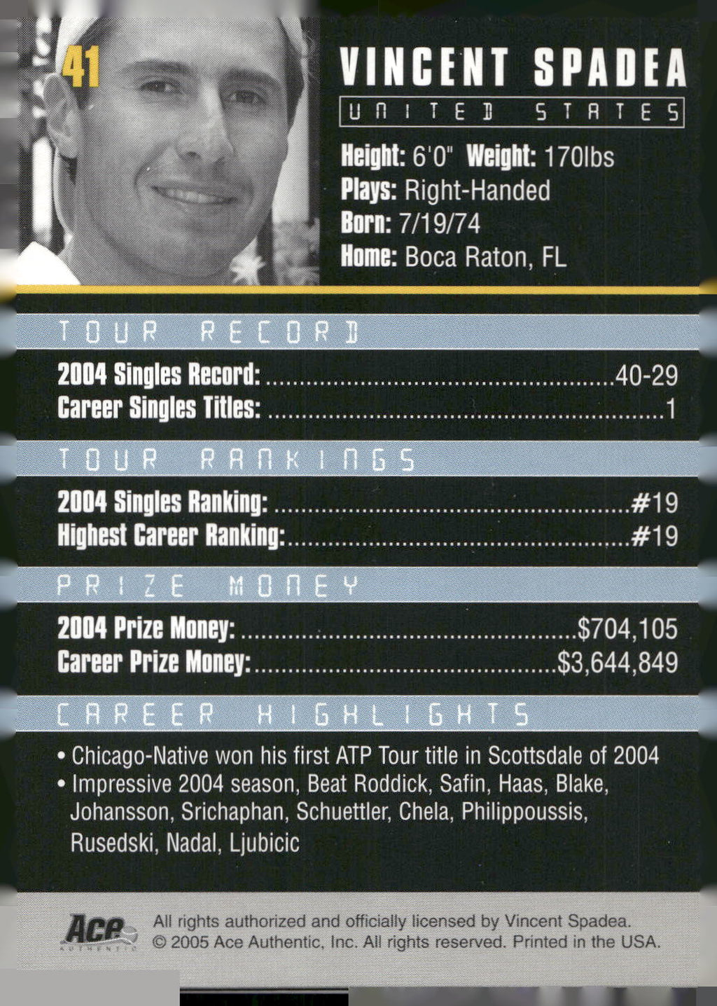 2005 Ace Authentic Debut Edition #41 Vince Spadea