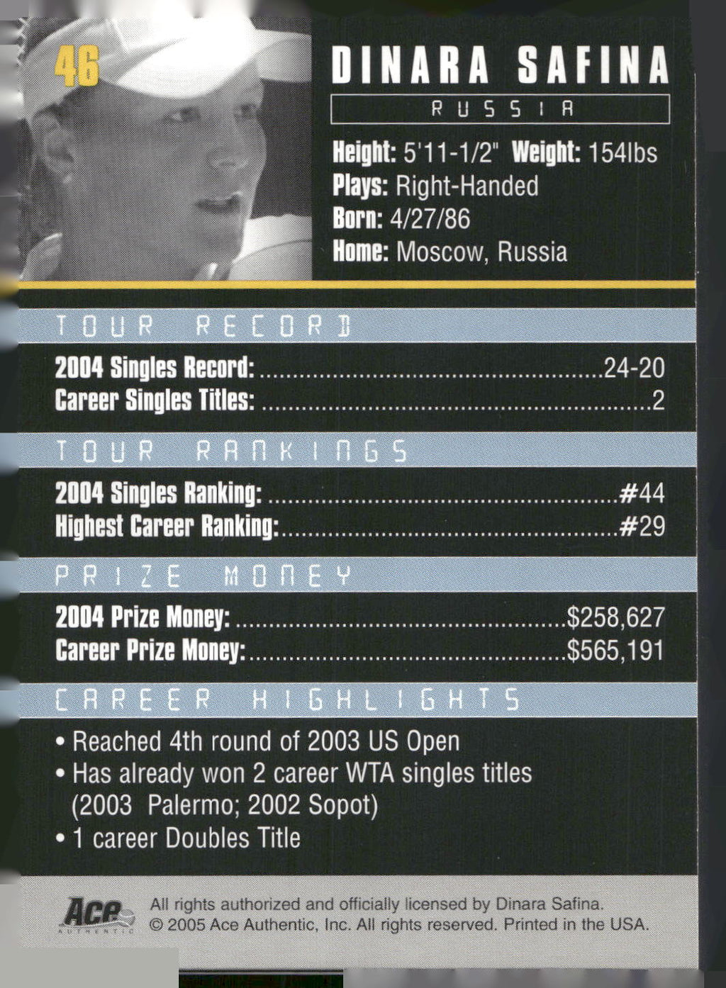 2005 Ace Authentic Debut Edition #46 Dinara Safina